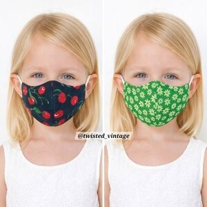 Little Girls Red Cherries Reversible Vintage Green Floral Face Mask 5 6 5/6 Hand